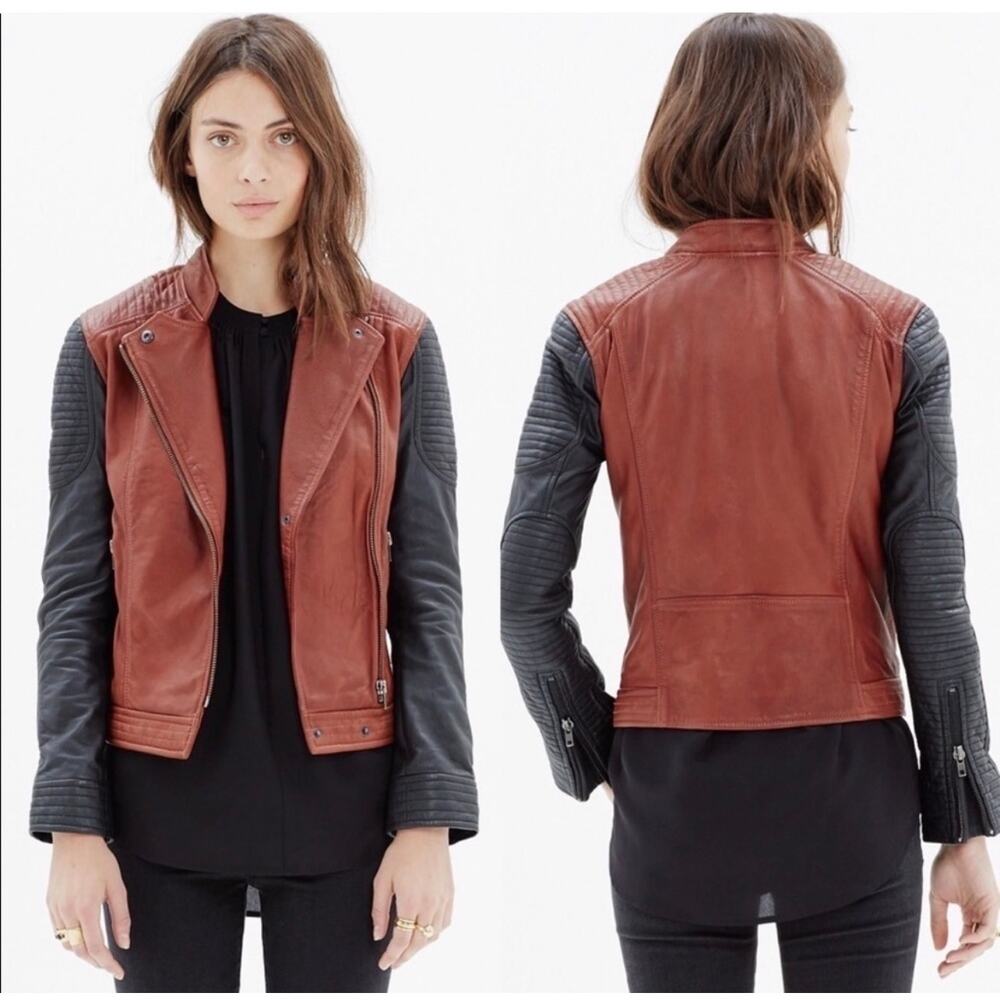 Madewell Colorblock Quilted Backroad Moto Leather Jacket Black Burnt Orange XS